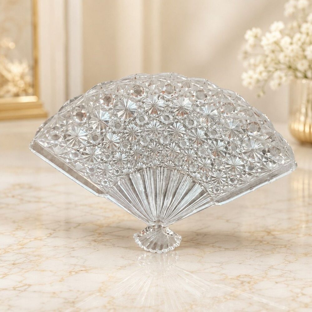 Vintage Clear Cut Glass Crystal Fan-Shaped Decorative Serving Dish – 10”